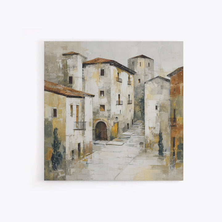 Soft Watercolor Village Street at Dawn Canvas Print, Bed and Breakfast Art, Textured Painting, Living Room Decor, BAB-1x1-29