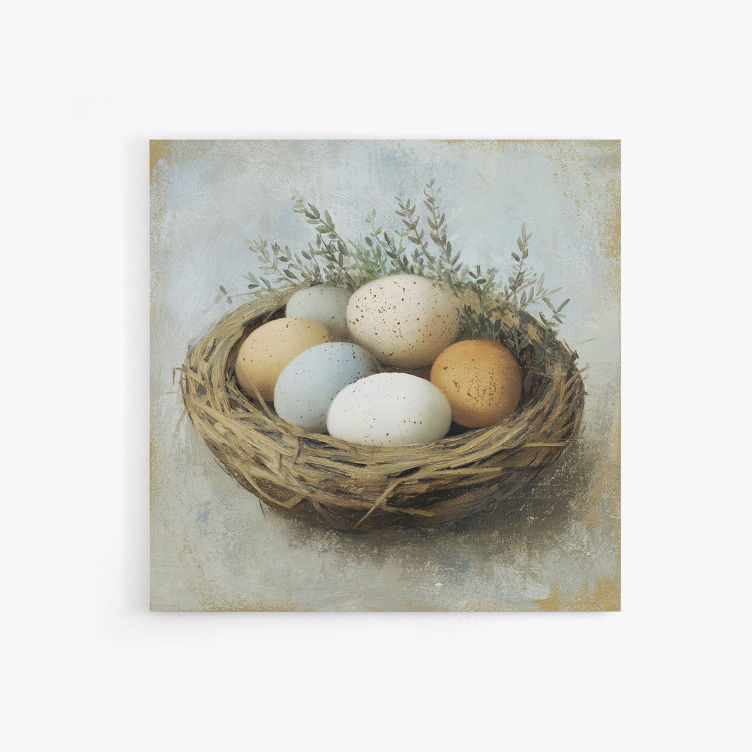 Fresh Eggs in a Woven Basket with Canvas Print, Bed and Breakfast Art, Bedroom Art, Living Room Decor, Oil Painting, BAB-1x1-30