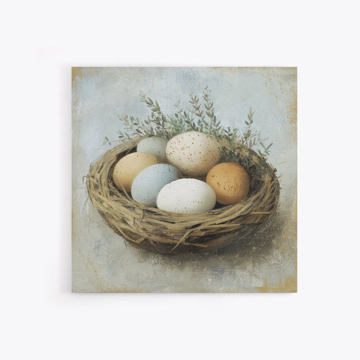 Fresh Eggs in a Woven Basket with Canvas Print, Bed and Breakfast Art, Bedroom Art, Living Room Decor, Oil Painting, BAB-1x1-30