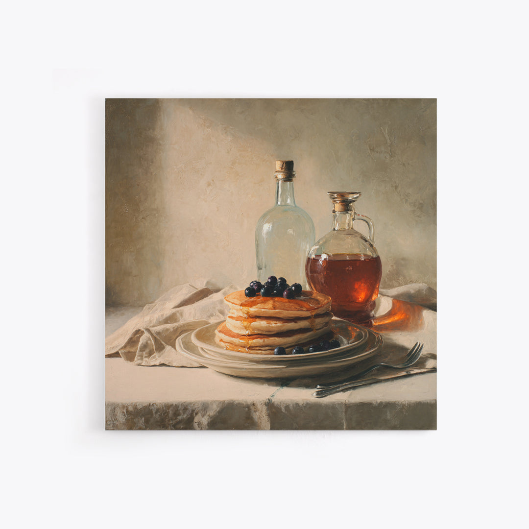 Blueberry Pancakes Still Life Framed Canvas Print, Bed and Breakfast Art, Gallery Decor, Living Room Decor, Fine Art, BAB-1x1-32