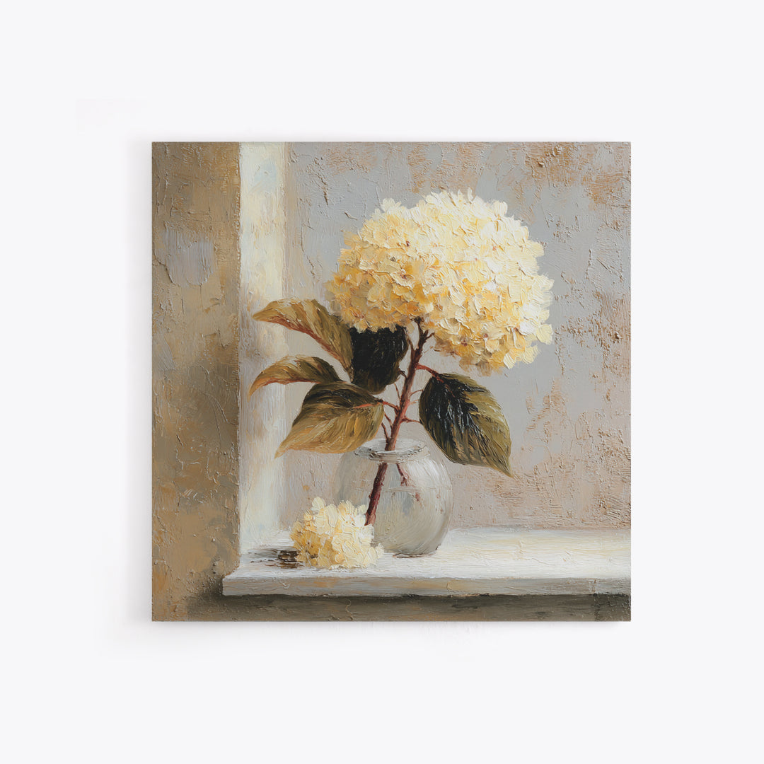 Sunlit Hydrangeas on a Windowsill Canvas Print, Bed and Breakfast Art, Rustic Home Decor, Living Room Decor, BAB-1x1-34
