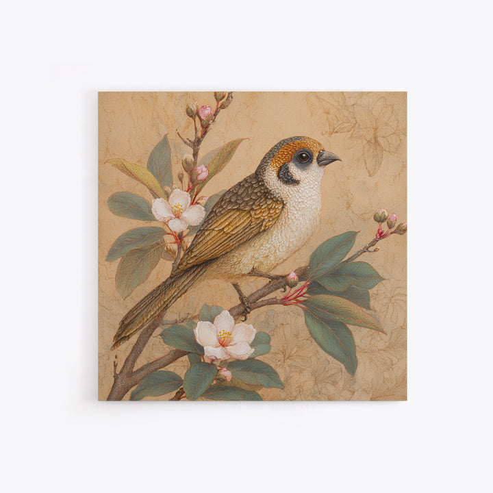 Small Bird on a Flowering Branch Framed Canvas Print, Bed and Breakfast Art, Gallery Decor, Living Room Decor, Fine Art, BAB-1x1-38