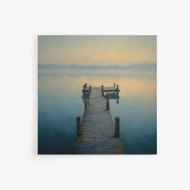 Quiet Lake Dock at Early Morning Framed Canvas Print, Bed and Breakfast Art, Coffee Wall Art, Living Room Decor, Oil Painting, BAB-1x1-46