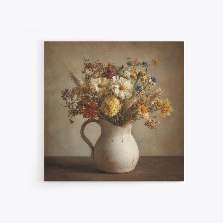 Country Wildflowers in a Chipped Ceramic Pitcher Canvas Print, Bed and Breakfast Art, Room Decor, Living Room Decor, BAB-1x1-49