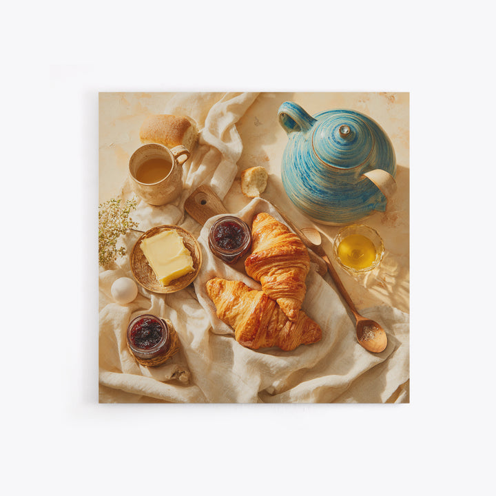 Fresh Croissants and Jam on a Linen Canvas Print, Bed and Breakfast Art, Folk Art, Living Room Decor, Abstract Art, BAB-1x1-50
