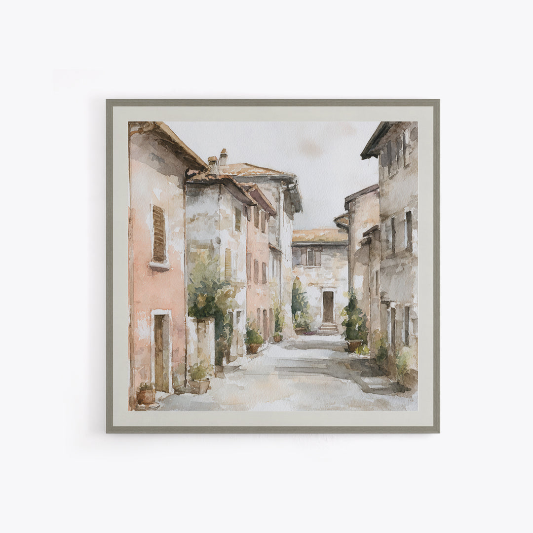 Soft Watercolor Village Street at Dawn Canvas Print, Bed and Breakfast Art, Textured Painting, Living Room Decor, BAB-1x1-53