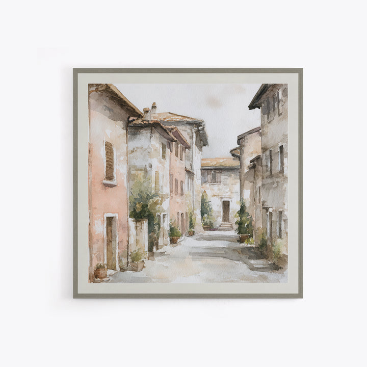 Soft Watercolor Village Street at Dawn Canvas Print, Bed and Breakfast Art, Textured Painting, Living Room Decor, BAB-1x1-53