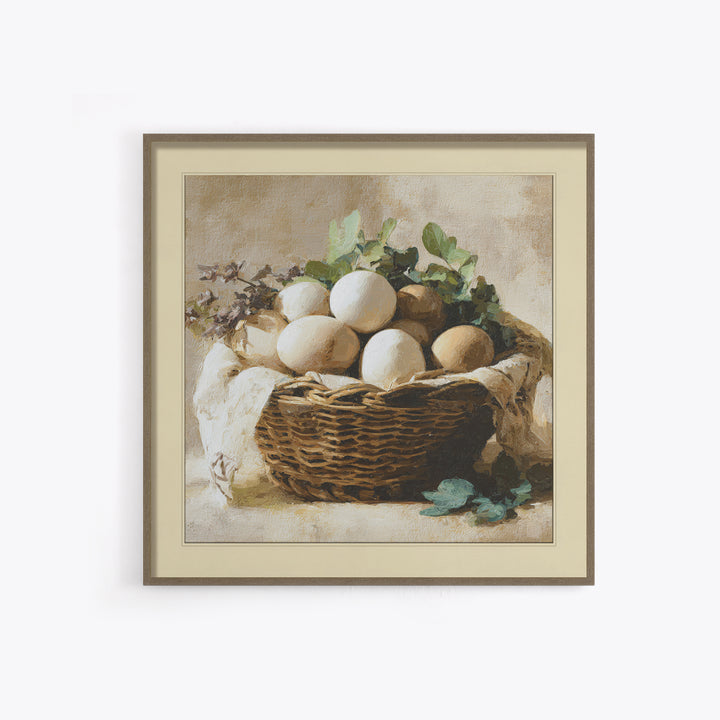 Fresh Eggs in a Woven Basket with Canvas Print, Bed and Breakfast Art, Bedroom Art, Living Room Decor, Oil Painting, BAB-1x1-54