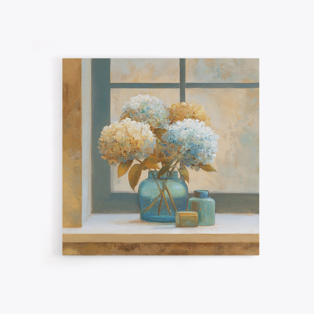 Sunlit Hydrangeas on a Windowsill Canvas Print, Bed and Breakfast Art, Rustic Home Decor, Living Room Decor, BAB-1x1-58