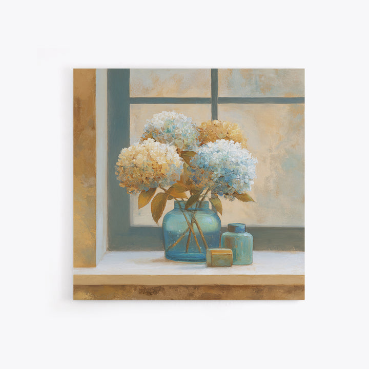 Sunlit Hydrangeas on a Windowsill Canvas Print, Bed and Breakfast Art, Rustic Home Decor, Living Room Decor, BAB-1x1-58