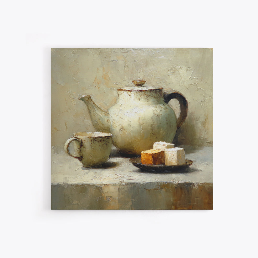 Porcelain Teapot and Scones Canvas Print, Bed and Breakfast Art, Bedroom Wall Decor, Living Room Decor, Fine Art, BAB-1x1-60