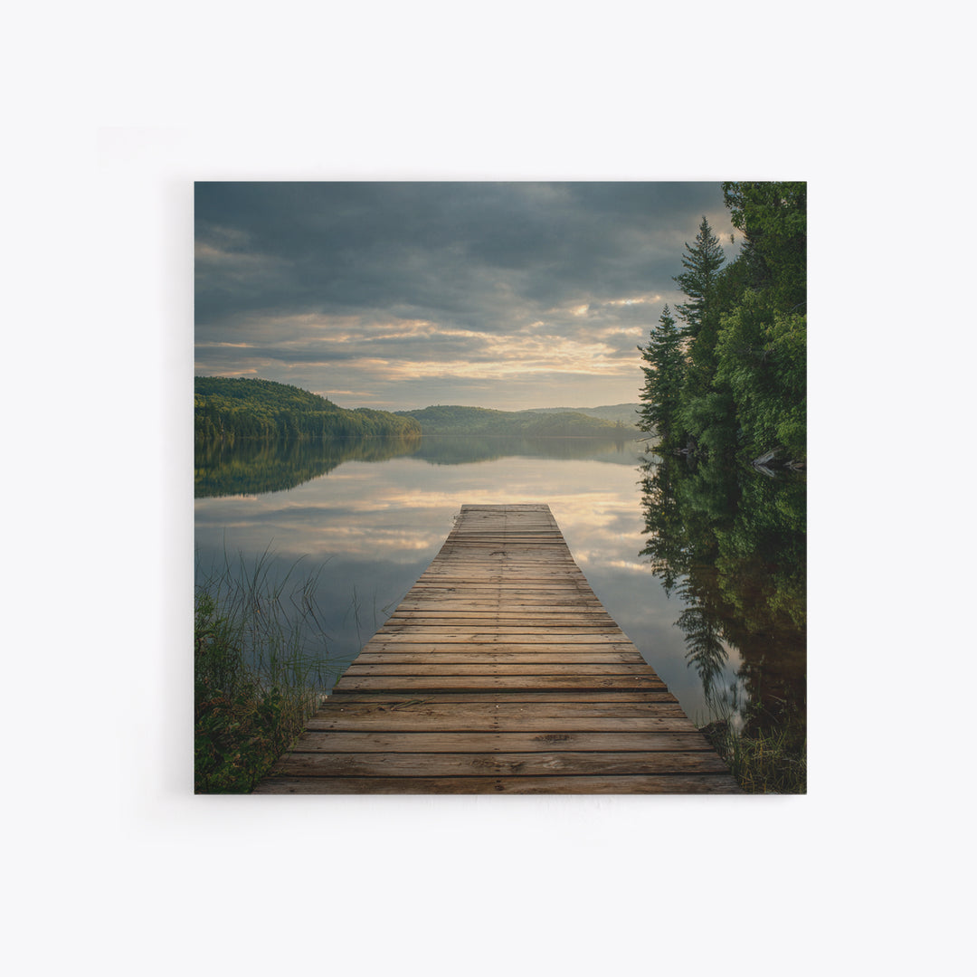 Quiet Lake Dock at Early Morning Framed Canvas Print, Bed and Breakfast Art, Coffee Wall Art, Living Room Decor, Oil Painting, BAB-1x1-70