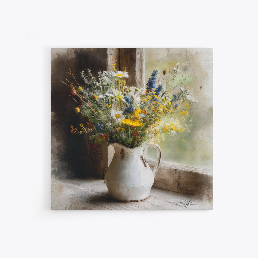 Country Wildflowers in a Chipped Ceramic Pitcher Canvas Print, Bed and Breakfast Art, Home Decor, Living Room Decor, BAB-1x1-73