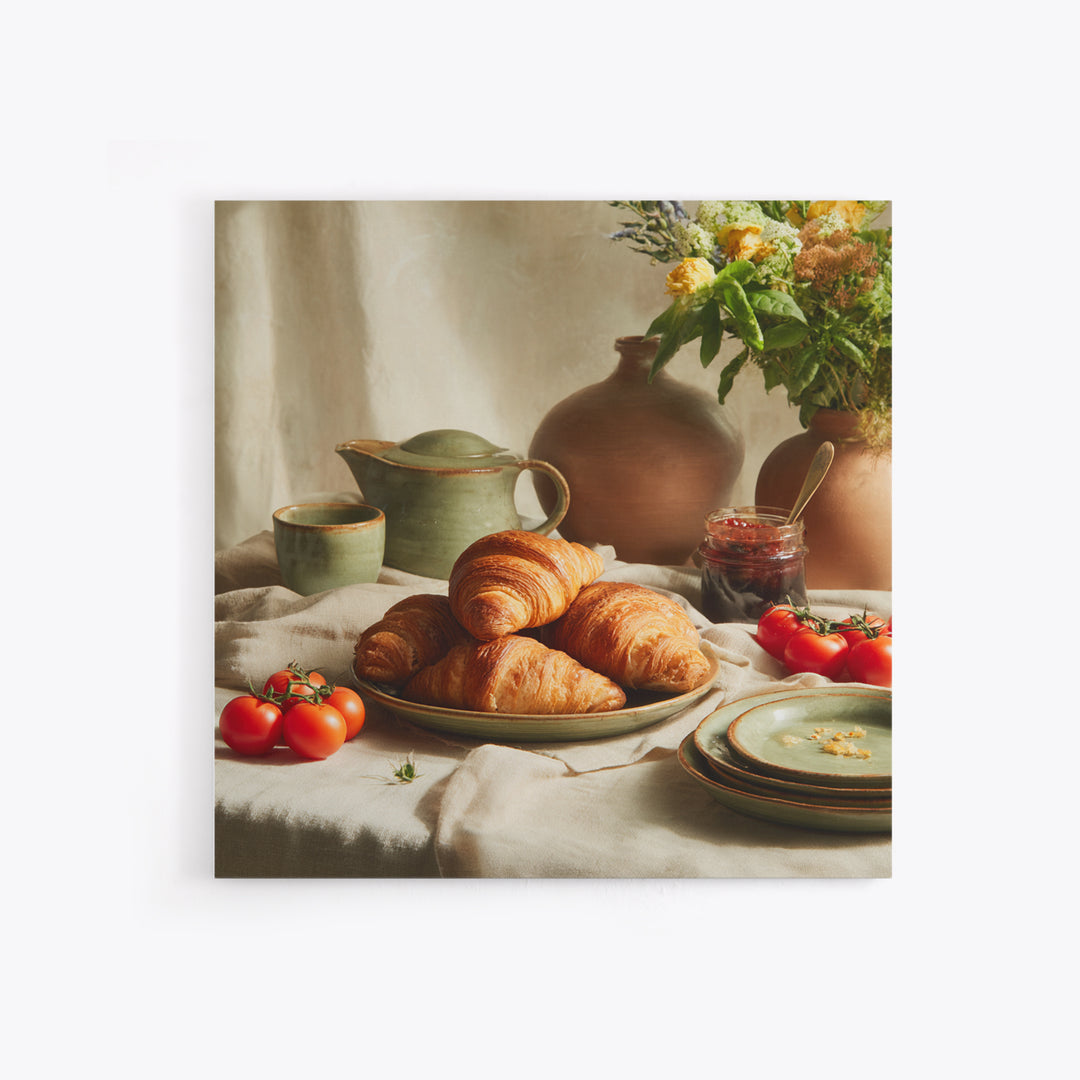 Fresh Croissants and Jam on a Linen Framed Canvas Print, Bed and Breakfast Art, Fine Art Print, Living Room Decor, Abstract Art, BAB-1x1-74