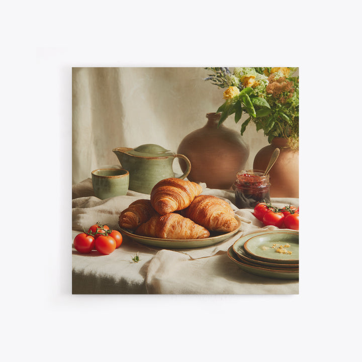 Fresh Croissants and Jam on a Linen Framed Canvas Print, Bed and Breakfast Art, Fine Art Print, Living Room Decor, Abstract Art, BAB-1x1-74