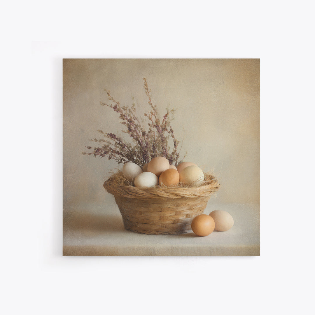 Fresh Eggs in a Woven Basket with Framed Canvas Print, Bed and Breakfast Art, Statement Artwork, Living Room Decor, Fine Art, BAB-1x1-78