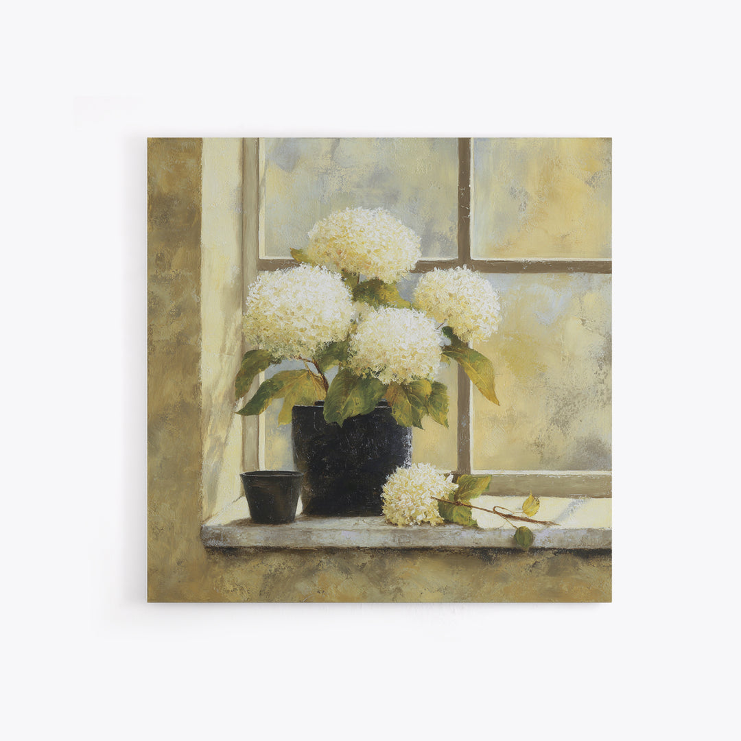Sunlit Hydrangeas on a Windowsill Canvas Print, Bed and Breakfast Art, Boho Decor, Living Room Decor, Oil Painting, BAB-1x1-82