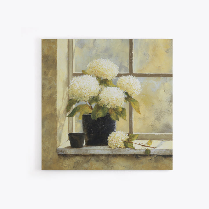 Sunlit Hydrangeas on a Windowsill Canvas Print, Bed and Breakfast Art, Boho Decor, Living Room Decor, Oil Painting, BAB-1x1-82