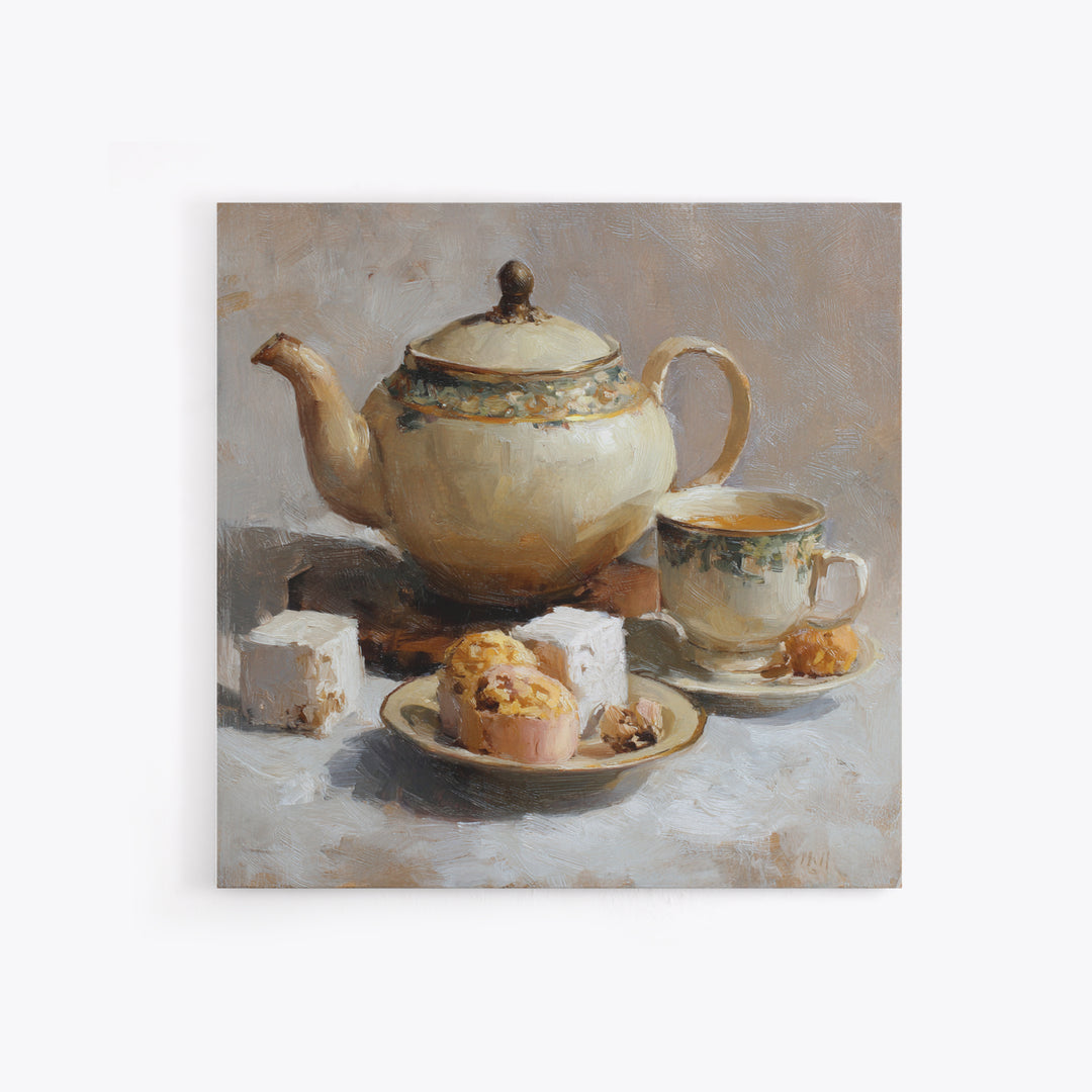 Porcelain Teapot and Scones Framed Canvas Print, Bed and Breakfast Art, Bedroom Prints, Living Room Decor, Abstract Art, BAB-1x1-84