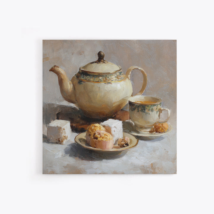 Porcelain Teapot and Scones Framed Canvas Print, Bed and Breakfast Art, Bedroom Prints, Living Room Decor, Abstract Art, BAB-1x1-84