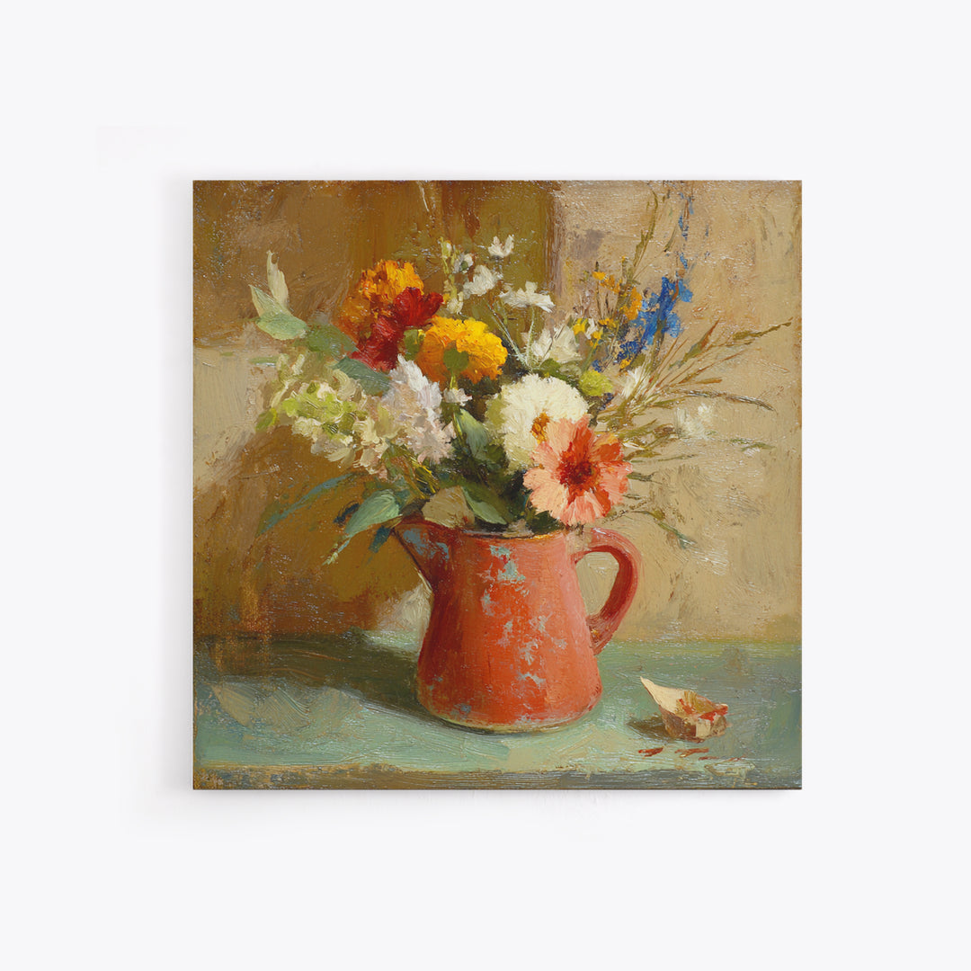 Country Wildflowers in a Chipped Ceramic Pitcher Canvas Print, Bed and Breakfast Art, Digital Art, Living Room Decor, Fine Art, BAB-1x1-97