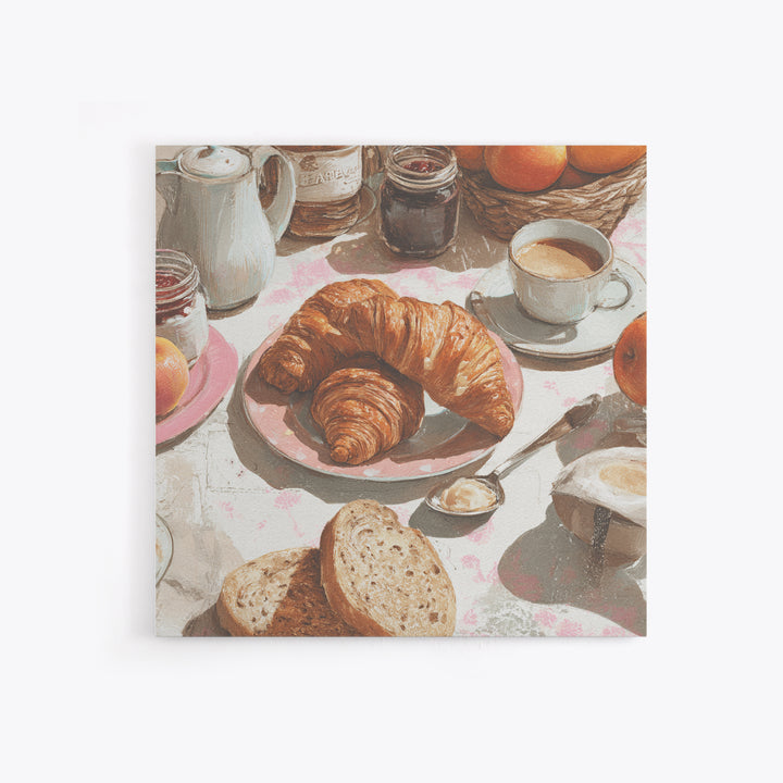 Fresh Croissants and Jam on a Linen Canvas Print, Bed and Breakfast Art, Textured Painting, Living Room Decor, Abstract Art, BAB-1x1-98