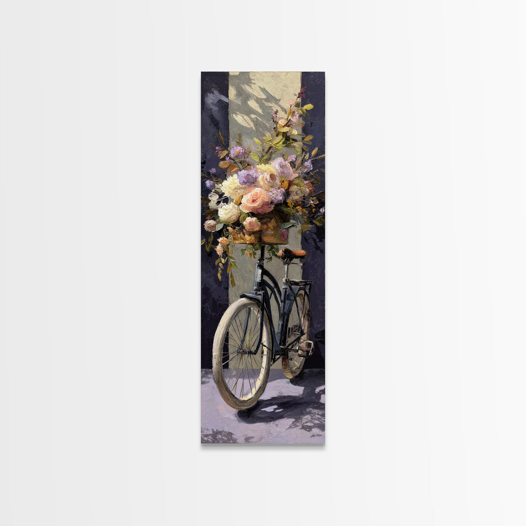 Old Bicycle with Flowers in Basket Canvas Print, Bed and Breakfast Art, Dopamine Decor, Living Room Decor, Fine Art, BAB-1x3-11