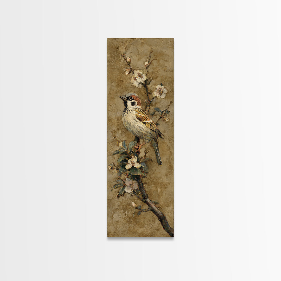 Small Bird on a Flowering Branch Canvas Print, Bed and Breakfast Art, Folk Art, Living Room Decor, Watercolor Art, BAB-1x3-26