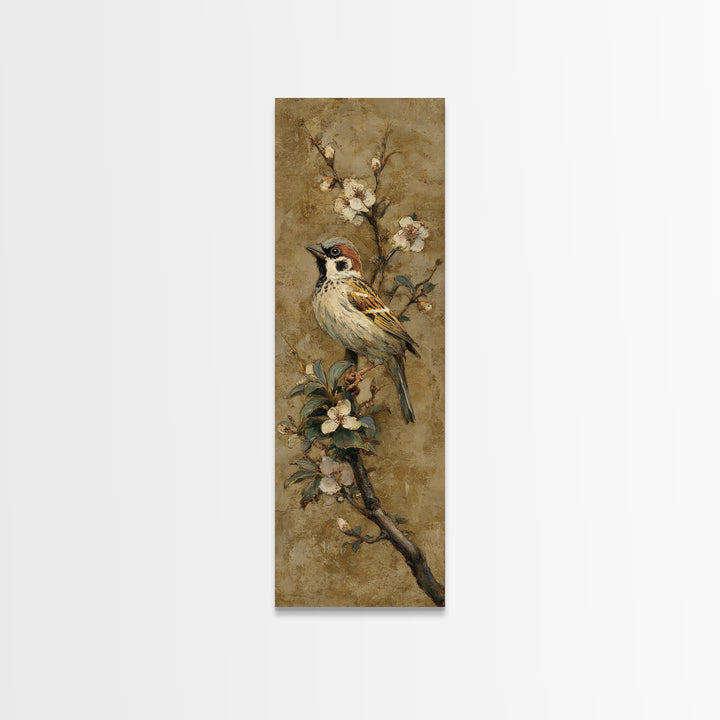 Small Bird on a Flowering Branch Canvas Print, Bed and Breakfast Art, Folk Art, Living Room Decor, Watercolor Art, BAB-1x3-26