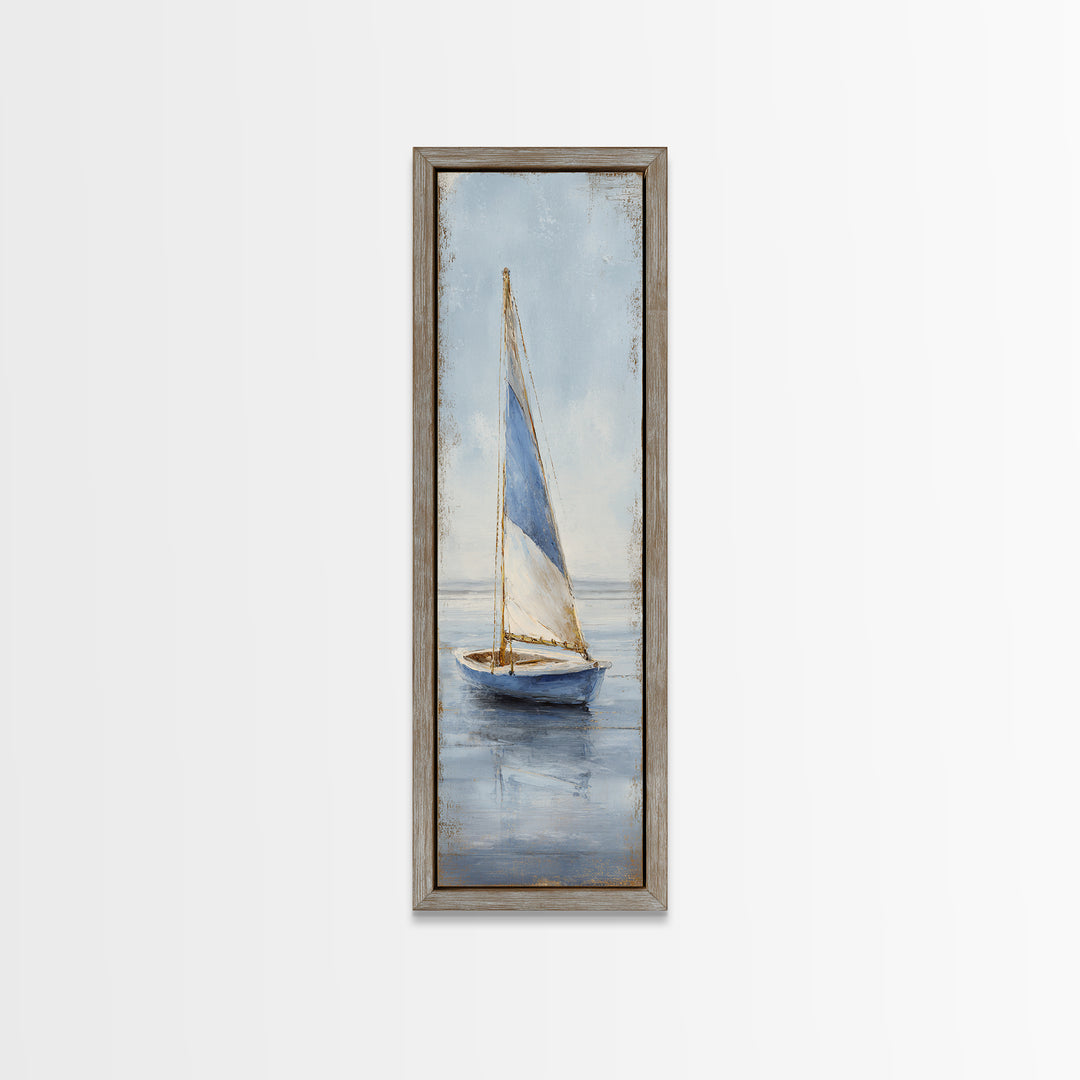 Coastal Inn Sailboat at Sunrise Framed Canvas Print, Bed and Breakfast Art, Textured Painting, Living Room Decor, Fine Art, BAB-1x3-29