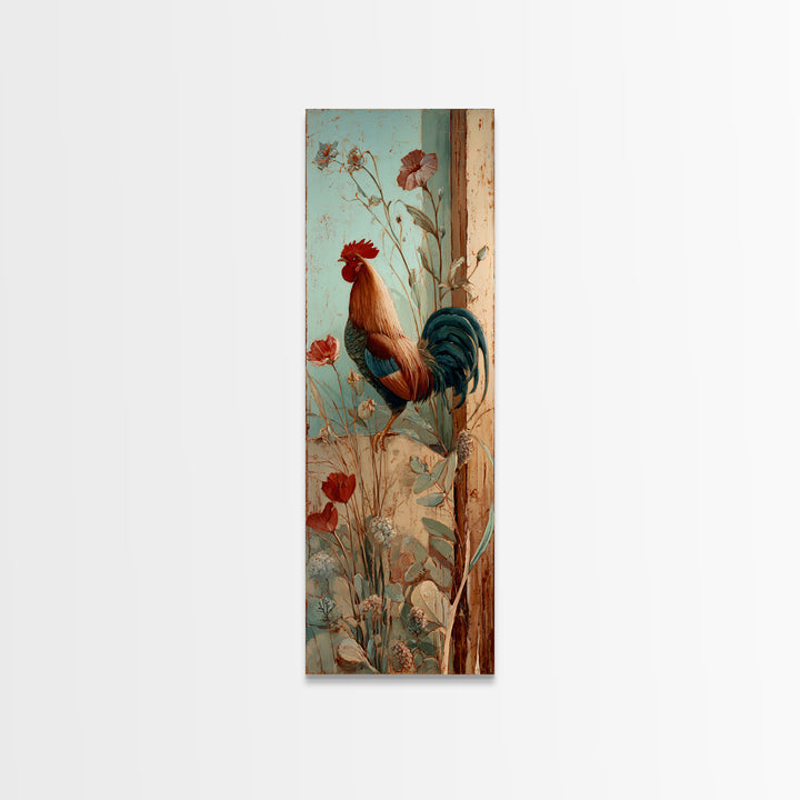 Rooster and Wildflower Country Portrait Framed Canvas Print, Bed and Breakfast Art, Living Room Decor, Fine Art, BAB-1x3-31