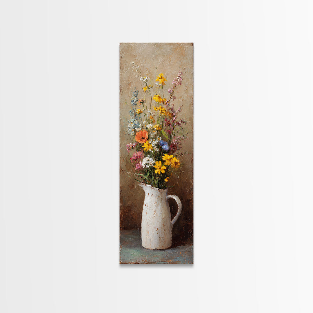 Country Wildflowers in a Chipped Ceramic Pitcher Canvas Print, Bed and Breakfast Art, Minimalist Decor, Living Room Decor, BAB-1x3-37