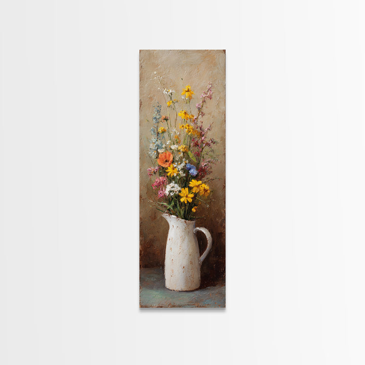 Country Wildflowers in a Chipped Ceramic Pitcher Canvas Print, Bed and Breakfast Art, Minimalist Decor, Living Room Decor, BAB-1x3-37