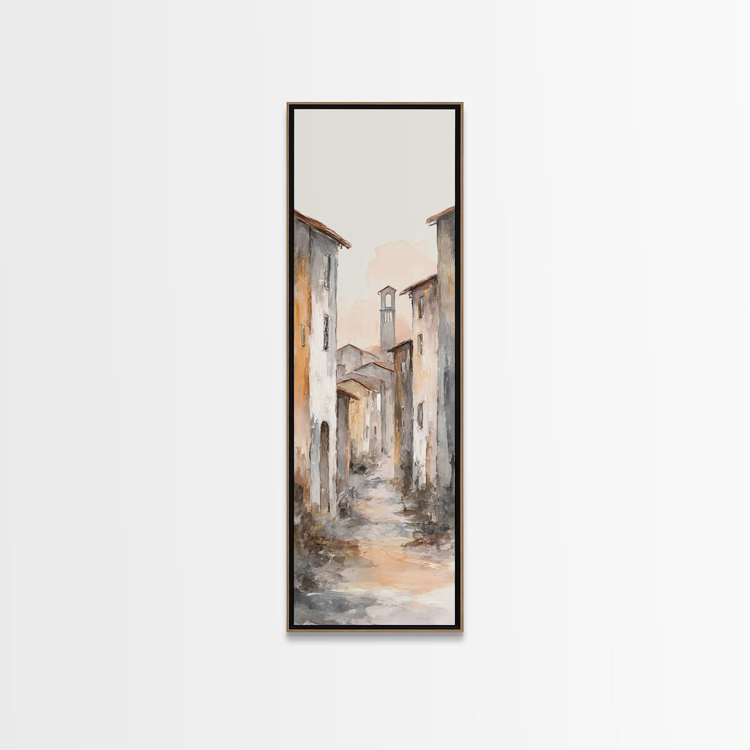 Soft Watercolor Village Street at Dawn Canvas Print, Bed and Breakfast Art, Farmhouse Wall Art, Living Room Decor, Fine Art, BAB-1x3-41