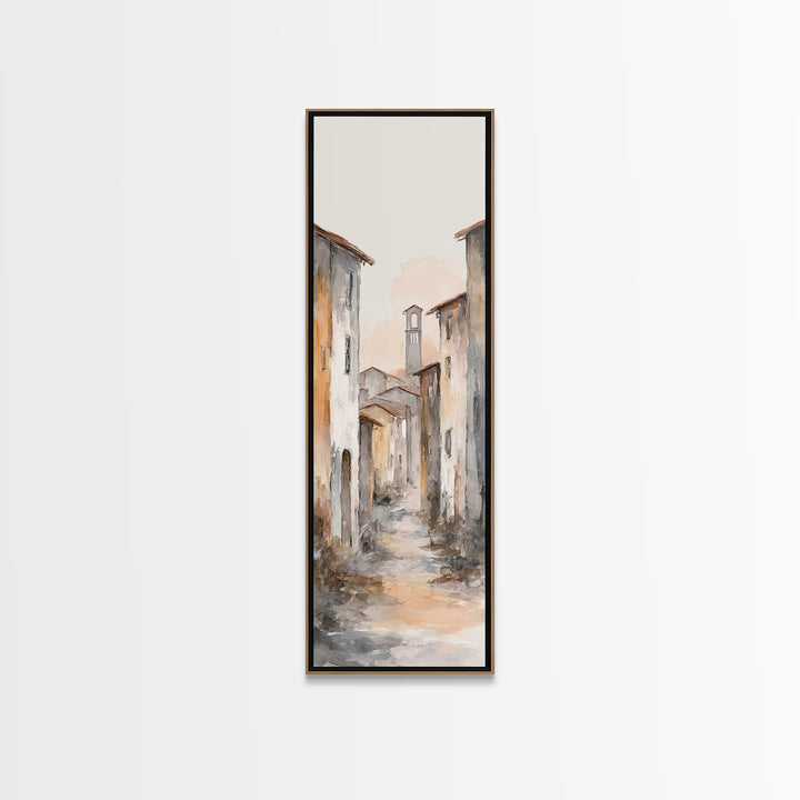 Soft Watercolor Village Street at Dawn Canvas Print, Bed and Breakfast Art, Farmhouse Wall Art, Living Room Decor, Fine Art, BAB-1x3-41