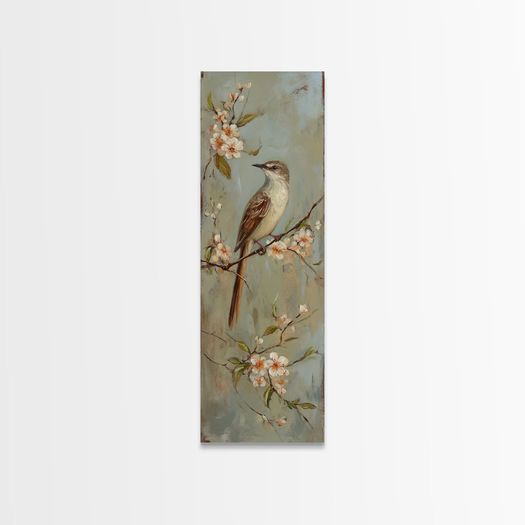 Small Bird on a Flowering Branch Framed Canvas Print, Bed and Breakfast Art, Fine Art Print, Living Room Decor, Watercolor Art, BAB-1x3-50