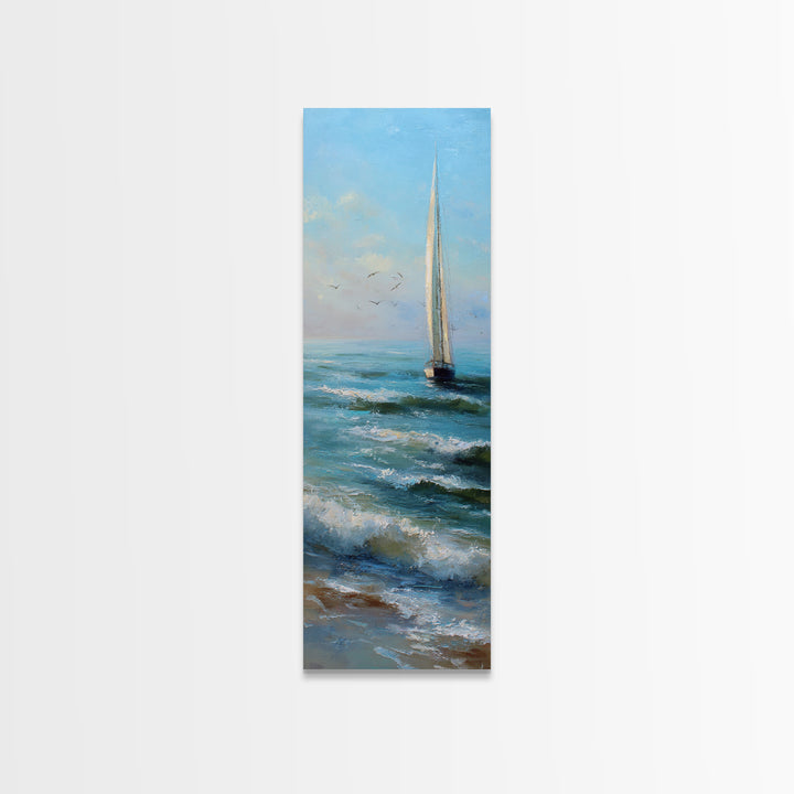 Coastal Inn Sailboat at Sunrise Framed Canvas Print, Bed and Breakfast Art, Textured Painting, Living Room Decor, Fine Art, BAB-1x3-53