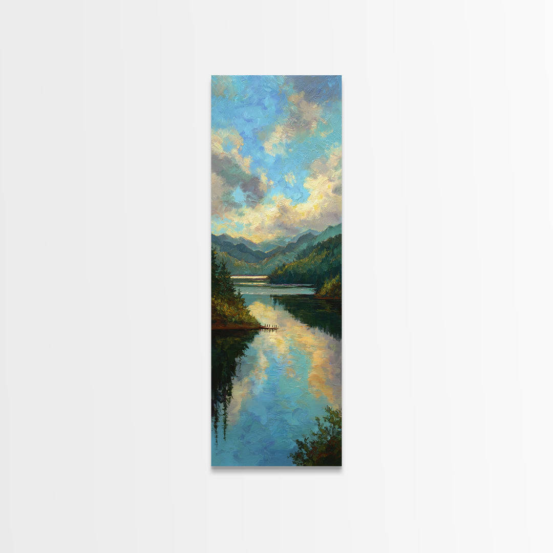 Quiet Lake Dock at Early Morning Canvas Print, Bed and Breakfast Art, Rustic Home Decor, Living Room Decor, Digital Art, BAB-1x3-58