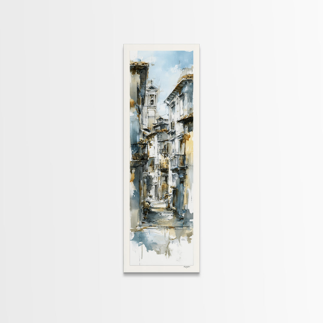 Soft Watercolor Village Street at Dawn Canvas Print, Bed and Breakfast Art, Print, Living Room Decor, Fine Art, BAB-1x3-65