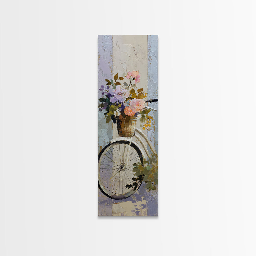 Old Bicycle with Flowers in Basket Framed Canvas Print, Bed and Breakfast Art, Folk Art, Living Room Decor, Watercolor Art, BAB-1x3-83