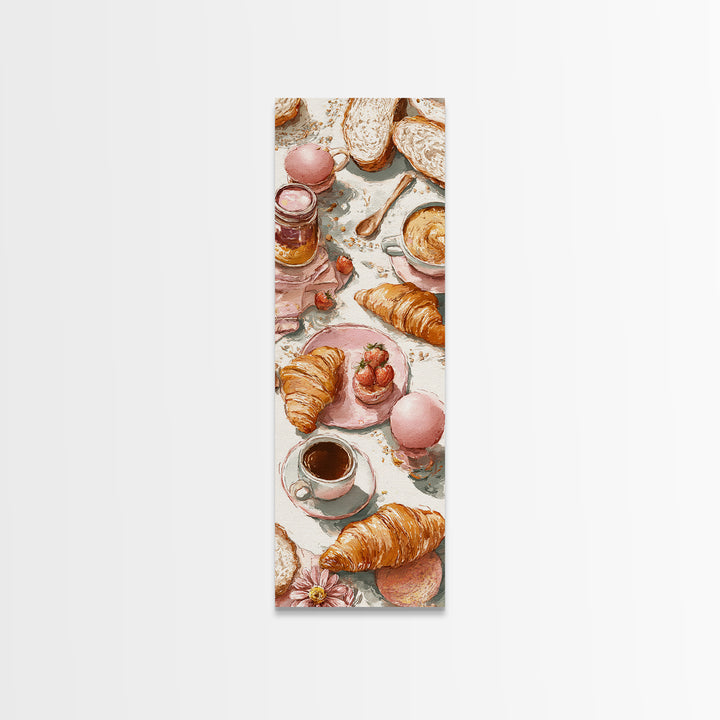 Fresh Croissants and Jam on a Linen Canvas Print, Bed and Breakfast Art, Contemporary Art, Living Room Decor, Abstract Art, BAB-1x3-86