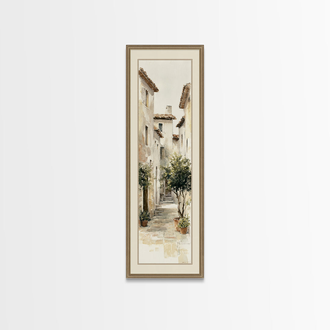 Soft Watercolor Village Street at Dawn Canvas Print, Bed and Breakfast Art, Folk Art, Living Room Decor, Fine Art, BAB-1x3-89
