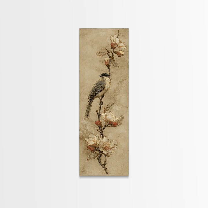 Small Bird on a Flowering Branch Canvas Print, Bed and Breakfast Art, Textured Painting, Living Room Decor, Fine Art, BAB-1x3-98