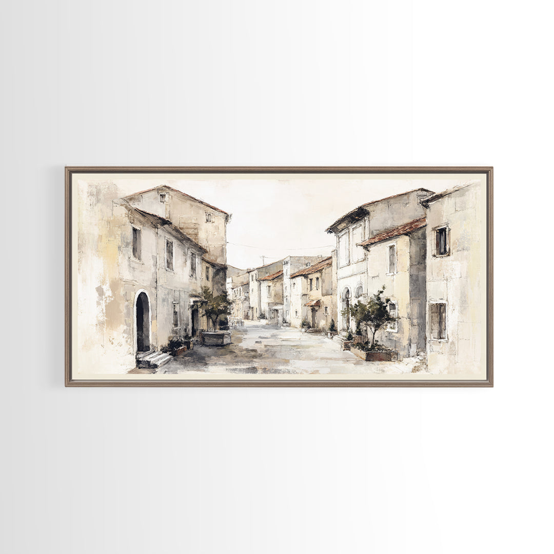Soft Watercolor Village Street at Dawn Framed Canvas Print, Bed and Breakfast Art, Printable, Living Room Decor, Fine Art, BAB-2x1-1