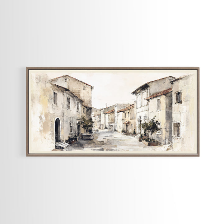 Soft Watercolor Village Street at Dawn Framed Canvas Print, Bed and Breakfast Art, Printable, Living Room Decor, Fine Art, BAB-2x1-1