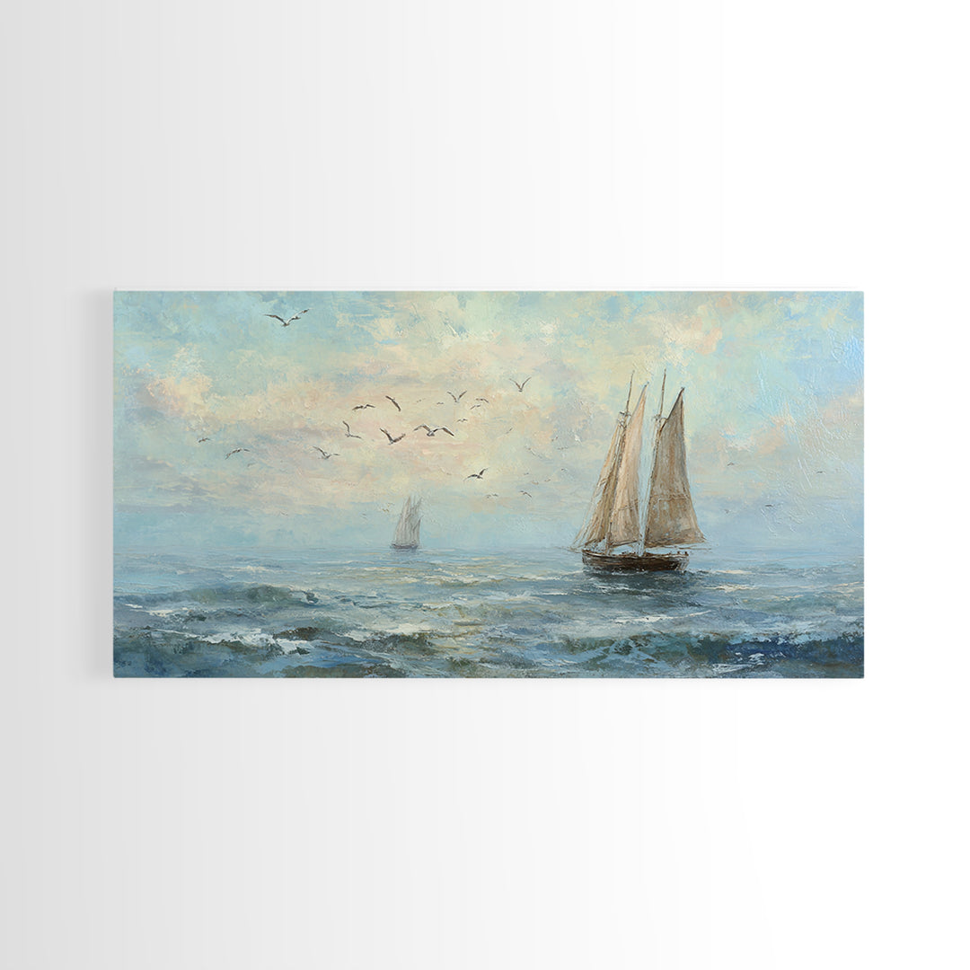 Coastal Inn Sailboat at Sunrise Framed Canvas Print, Bed and Breakfast Art, Print, Living Room Decor, Fine Art, BAB-2x1-13