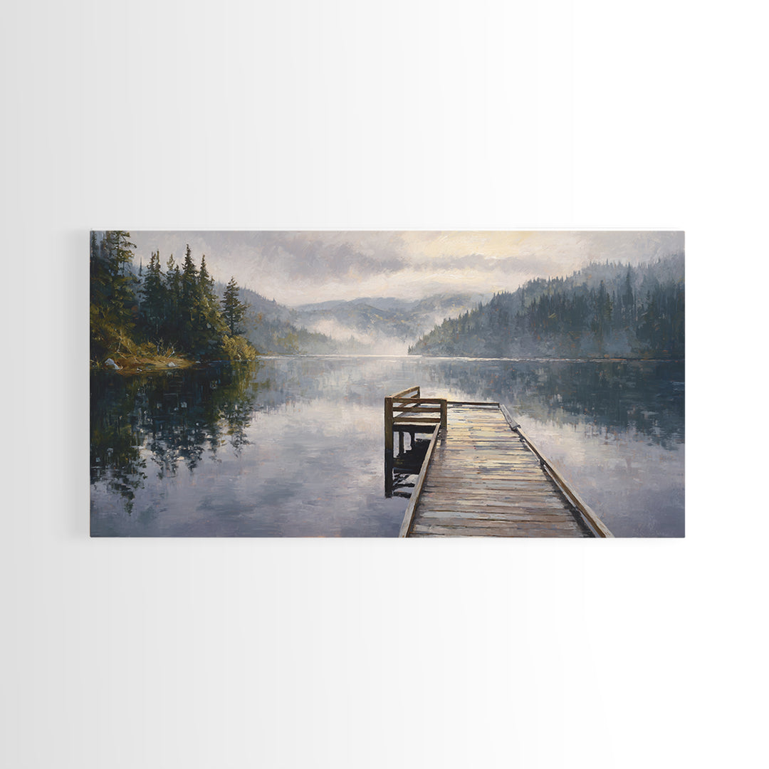 Quiet Lake Dock at Early Morning Framed Canvas Print, Bed and Breakfast Art, Room Decor, Living Room Decor, Fine Art, BAB-2x1-18
