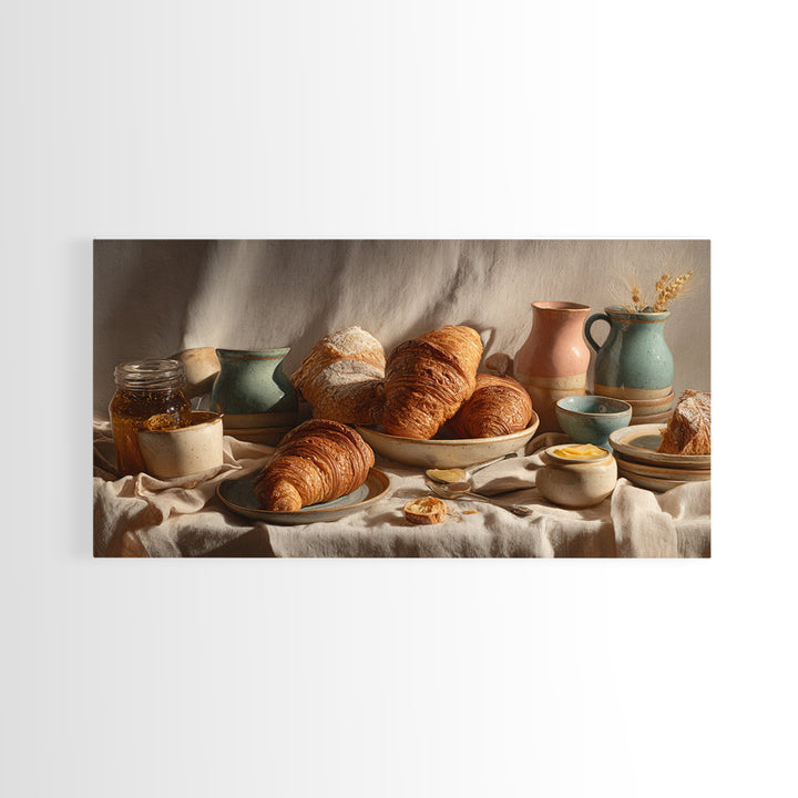 Fresh Croissants and Jam on a Linen Canvas Print, Bed and Breakfast Art, Textured Painting, Living Room Decor, Abstract Art, BAB-2x1-22