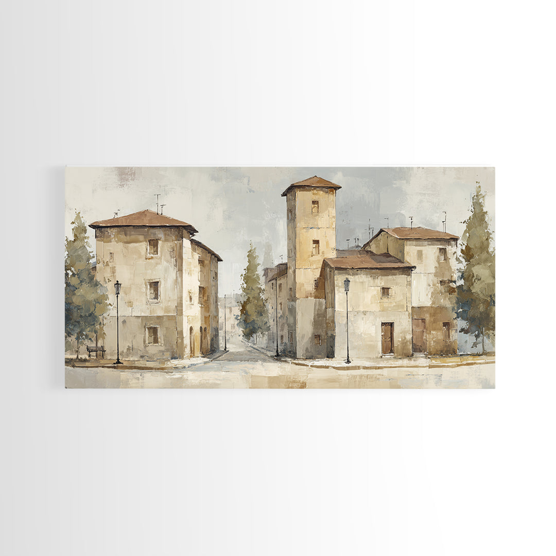Soft Watercolor Village Street at Dawn Framed Canvas Print, Bed and Breakfast Art, Printable, Living Room Decor, Fine Art, BAB-2x1-25