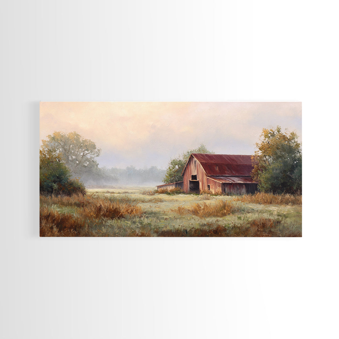 Old Farmhouse Landscape Framed Canvas Print, Bed and Breakfast Art, Wood Wall Art, Living Room Decor, Oil Painting, BAB-2x1-3